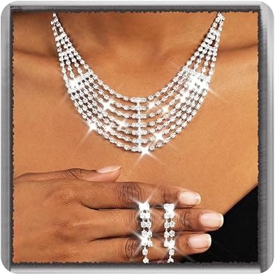 TWINKLEDE Rhinestone Necklace Jewelry Set Silver Wedding Bridal Necklace and Earrings for Women