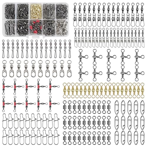 165pcs Fishing Swivels Tackle Kit Include Ball Bearing Barrel Swivels Rolling Swivel 3 Way Swivel Fishing Swivel Snaps High Strength Line Connector Fishing Accessories Set for Freshwater Saltwater