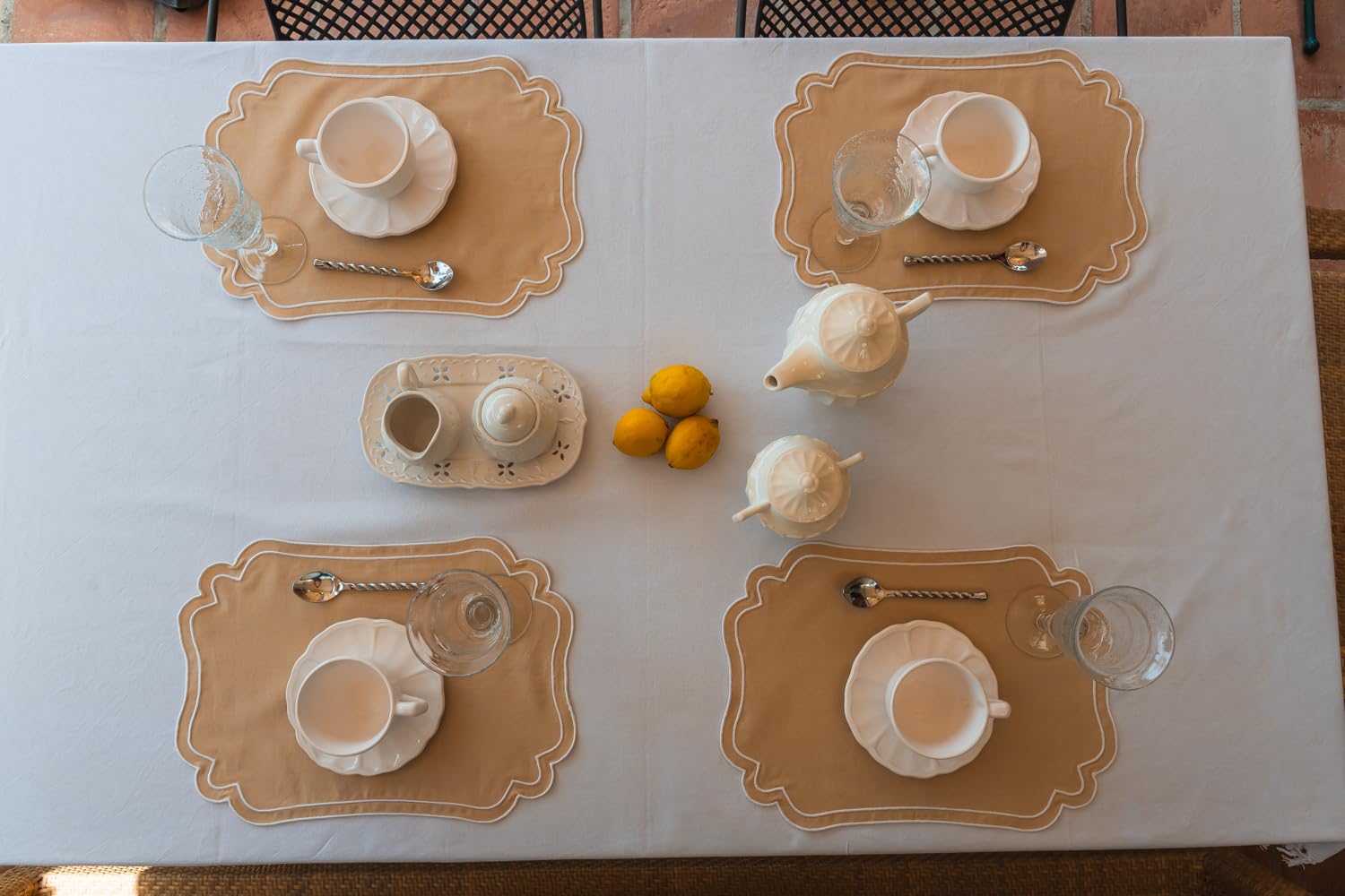 Set 6 Tovagliette Tessuto Ricamo Ondulato, Beige