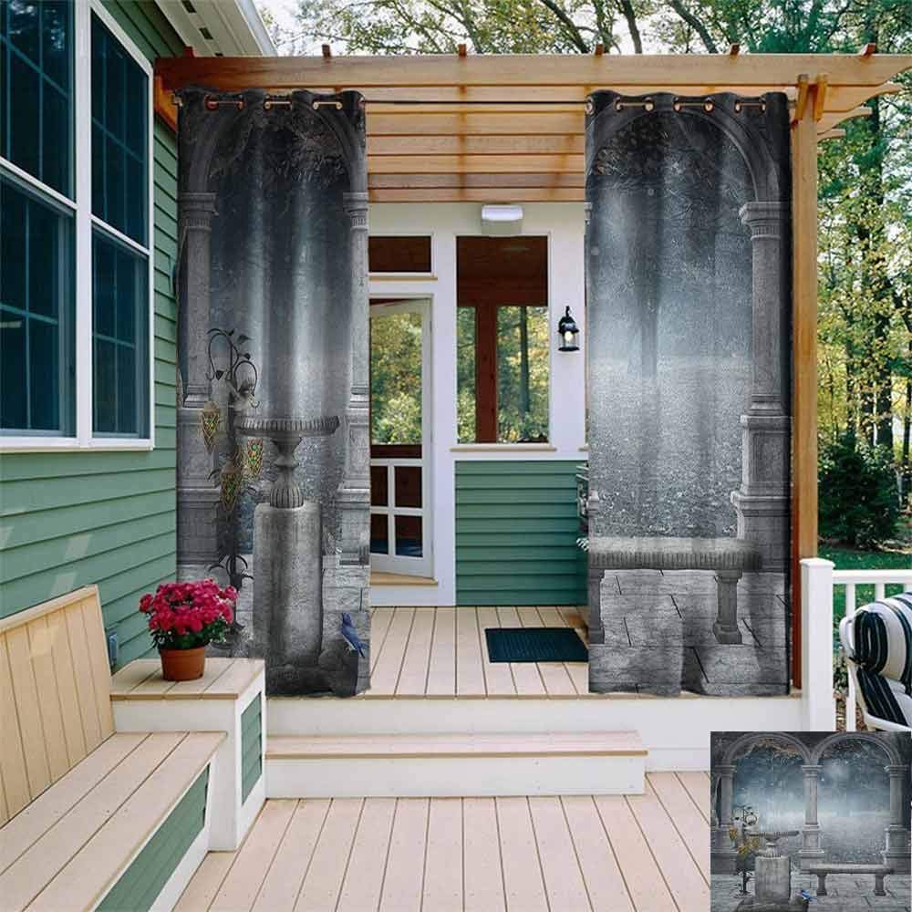 Outdoor Grommet Window Curtain Gothic Fictional Middle Age Mythical Stone Bench Balcony Building with Hummingbird Graphic Print Grommet Curtains for Bedroom W108"x L96" Grey