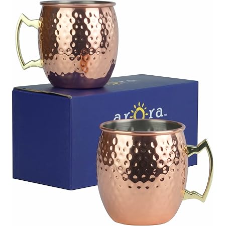 Arora Moscow Mule Mug, Set of 2 Copper Hammered, Durable for Home Dining, Max Capacity 20oz, 3.7" D x 3.9" H