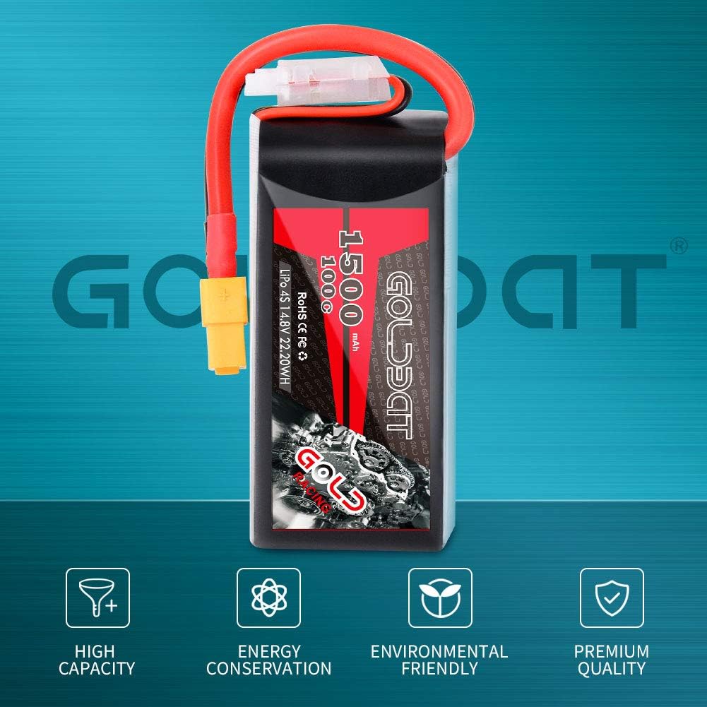 GOLDBAT 4S 1500mAh 100C 14.8V LiPo Battery Pack with XT60 Plug for Heli Airplane Drone FPV Racing (2 Packs)