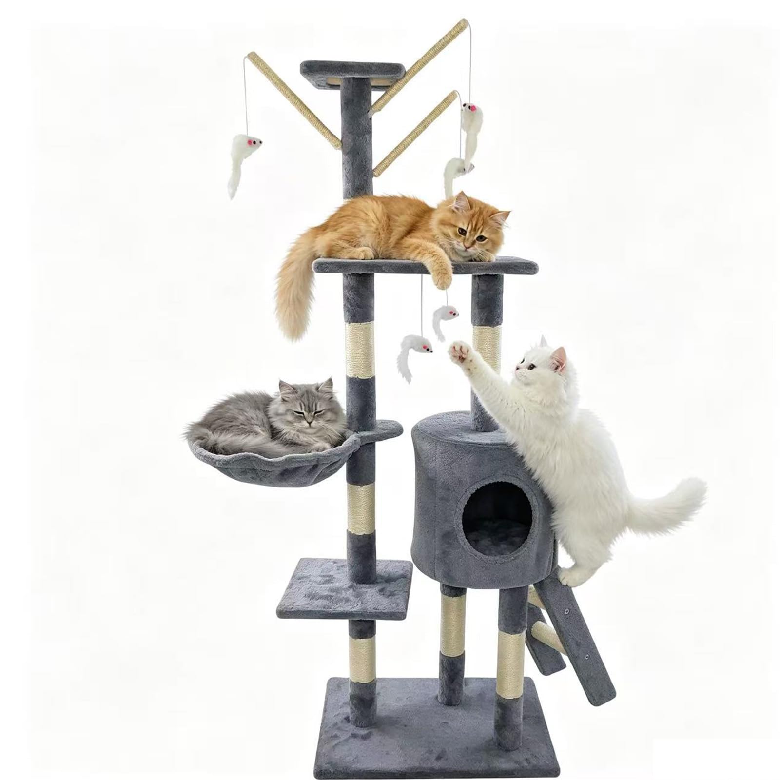 Heavy Duty Cat Tree, 139cm Tall Tower for Large Indoor Cats with Widened Structure, Cat Furniture with Platforms, Hammock, Sisal Scratching Posts & Board, Grey