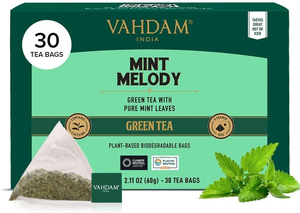 Mint Green Tea Bags (30 Count) 100% Pure Leaf Tea, High Grown, Low Caffeine, Non GMO, Gluten Free | Individually Wrapped Plant-Based Pyramid Tea Bags | Direct from Source