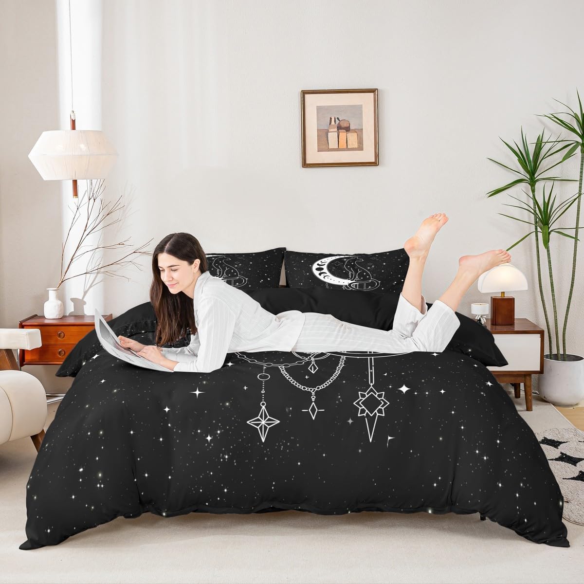 Castle Fairy Mysterious Cat Bedding Set Galaxy Starry Sky Black Comforter Cover Set for Kids Teens Bedroom Decor Bohemian Moon Star Duvet Cover Microfiber Breathable Bedspread Full Size(No Comforter)