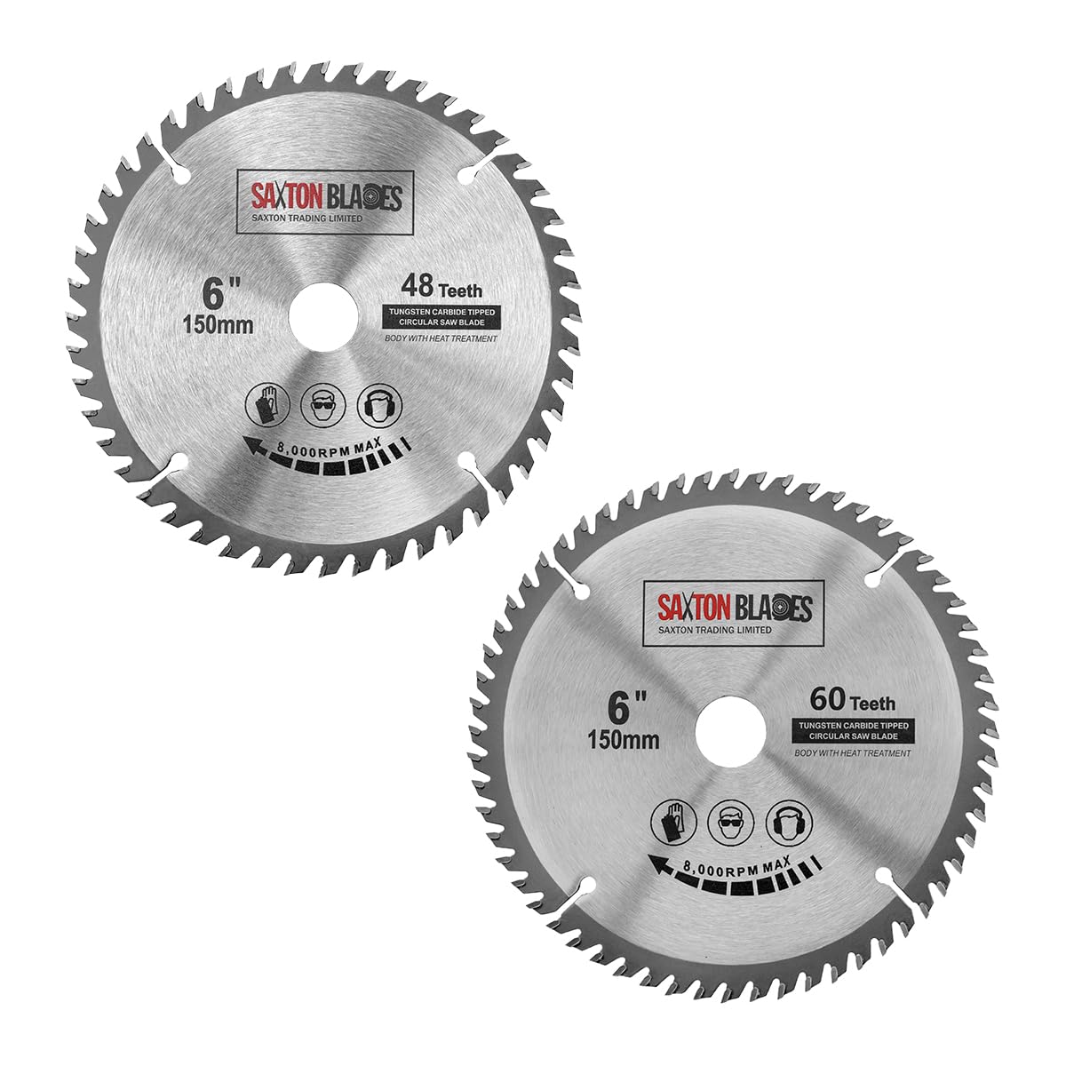2 hojas de sierra circular Saxton TCT de 150 mm x 20 mm, orificio de 48 y 60 dientes + anillo de 16 mm y 10 mm, compatible con Ryobi Bosch, Makita Dewalt