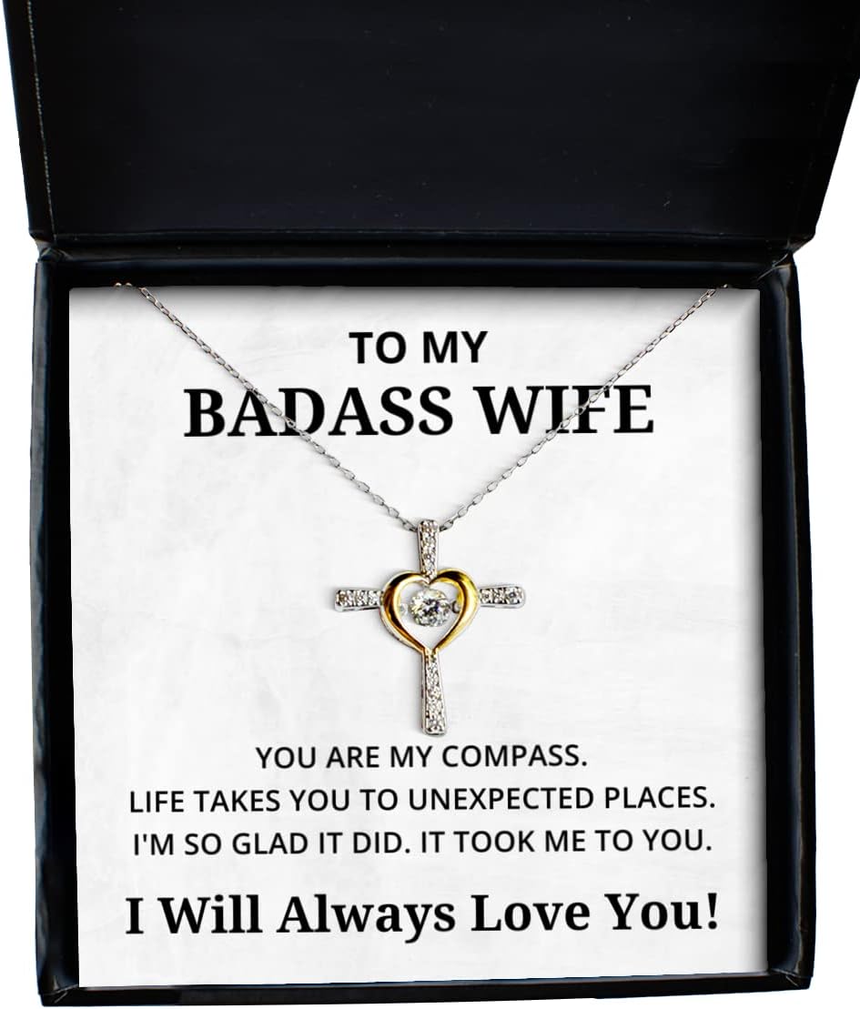 to My Badass Wife Cross Dancing Necklace, You are My Compass, Best Birthday Gifts, Engagement Gifts, Wedding Gifts, Valentines Day Gifts I Will Always Love You