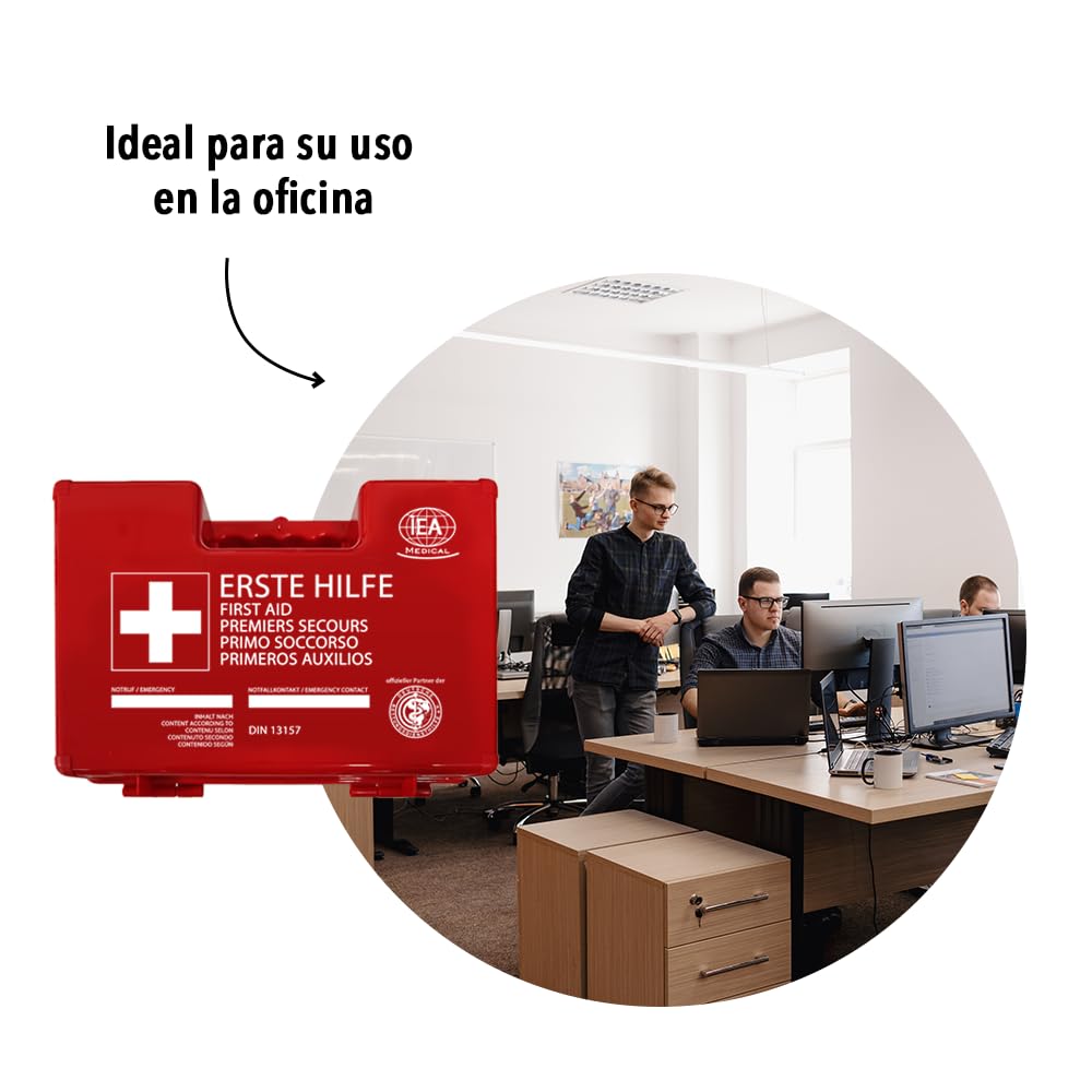 IEA Medical Botiquín primeros auxilios homologado DIN 13157 oficina | Completo profesional listo para usar – taller, hogar, coche, emergencia