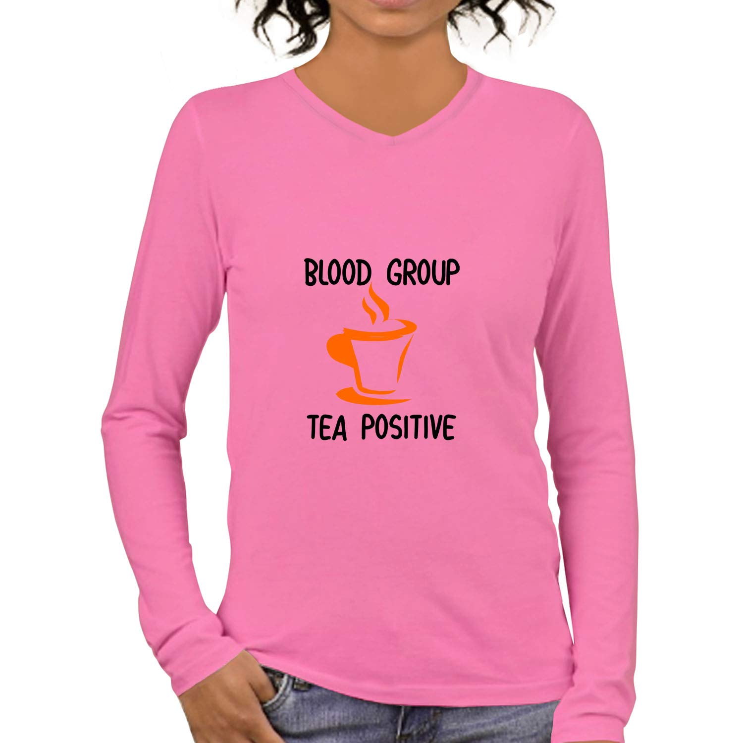 OPLU Women's Regular Fit Blood Group Tea Positive Cotton Printed V Neck Full Sleeves Tshirt. Tea, Happiness, Trendy, Trending Tshirts, Pootlu.