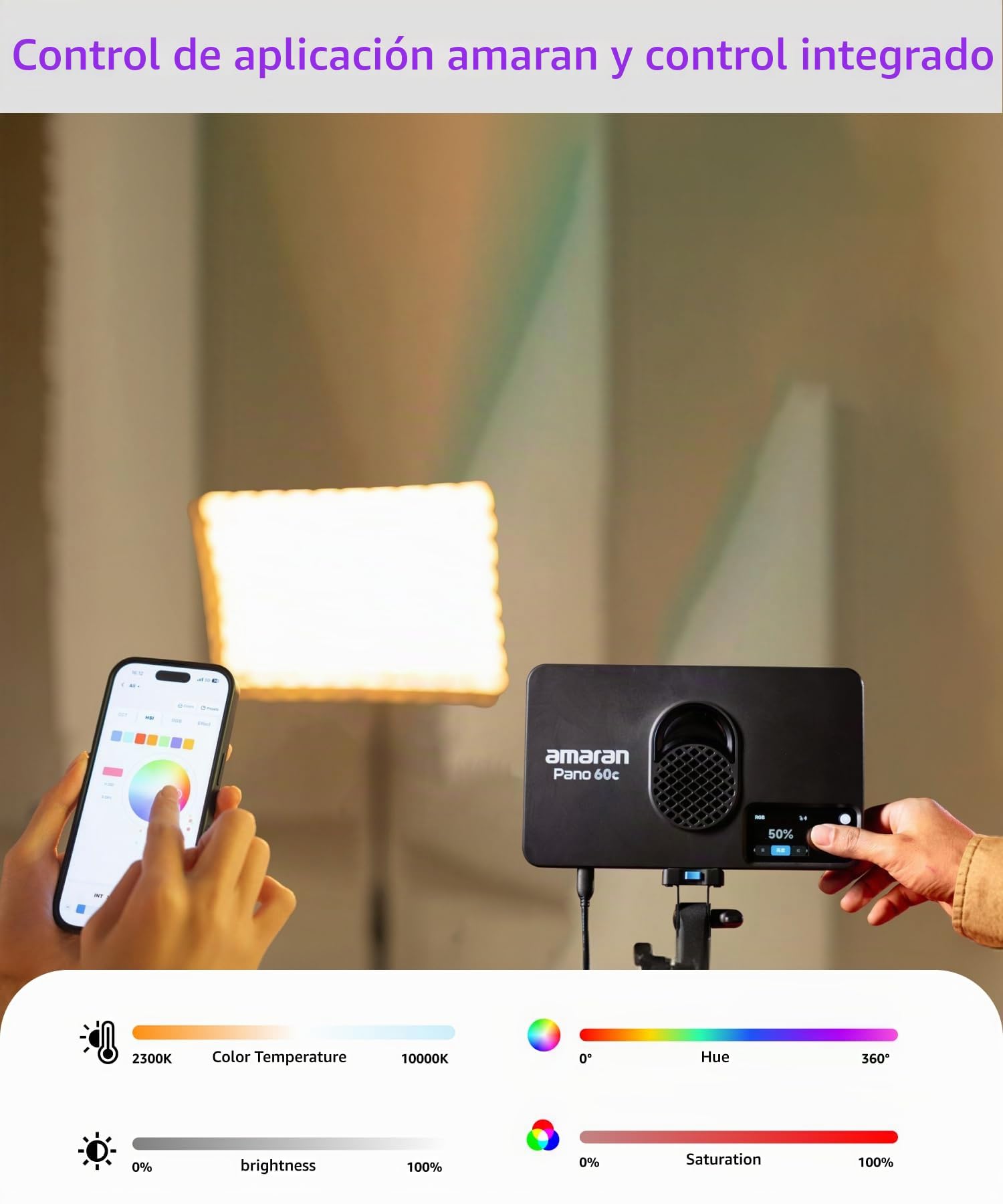 amaran Pano 120c Kit Luz de Panel RGBWW 120W, hasta 13,490 Lux a 1m, USB-C PD y Adaptador DC 150W, con Softbox, Rejilla, Difusor y Estuche para Fotografía y Video - Carbón