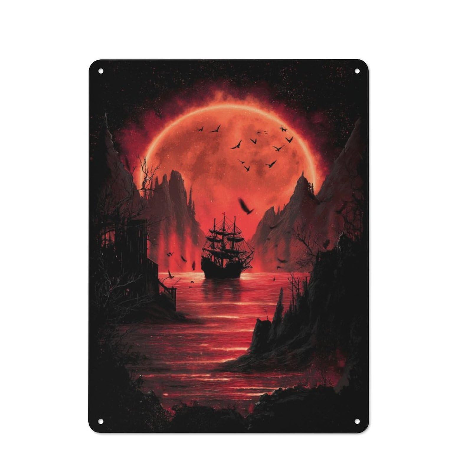 Junmoney Red Moonlit Sea With Sailing Ship For Man Cave Or Games Room, Retro Metal Plaque 40X30cm, For Metal Sign Collectors, For Garage And Workshop Walls