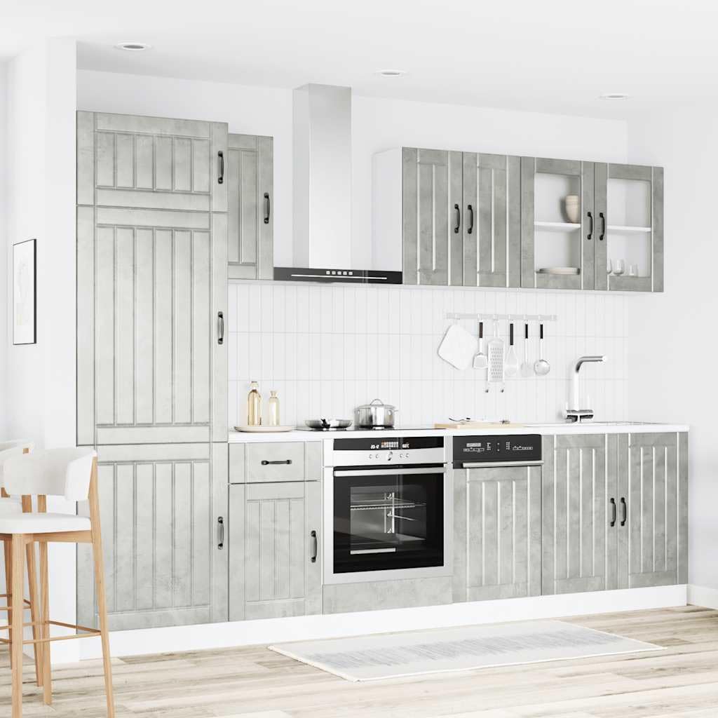 Lucca - Set di 8 mobili da cucina moderni in legno grigio cemento, set completo di mobili da cucina con mobiletti inferiori, pensili e armadietti alti per molto spazio
