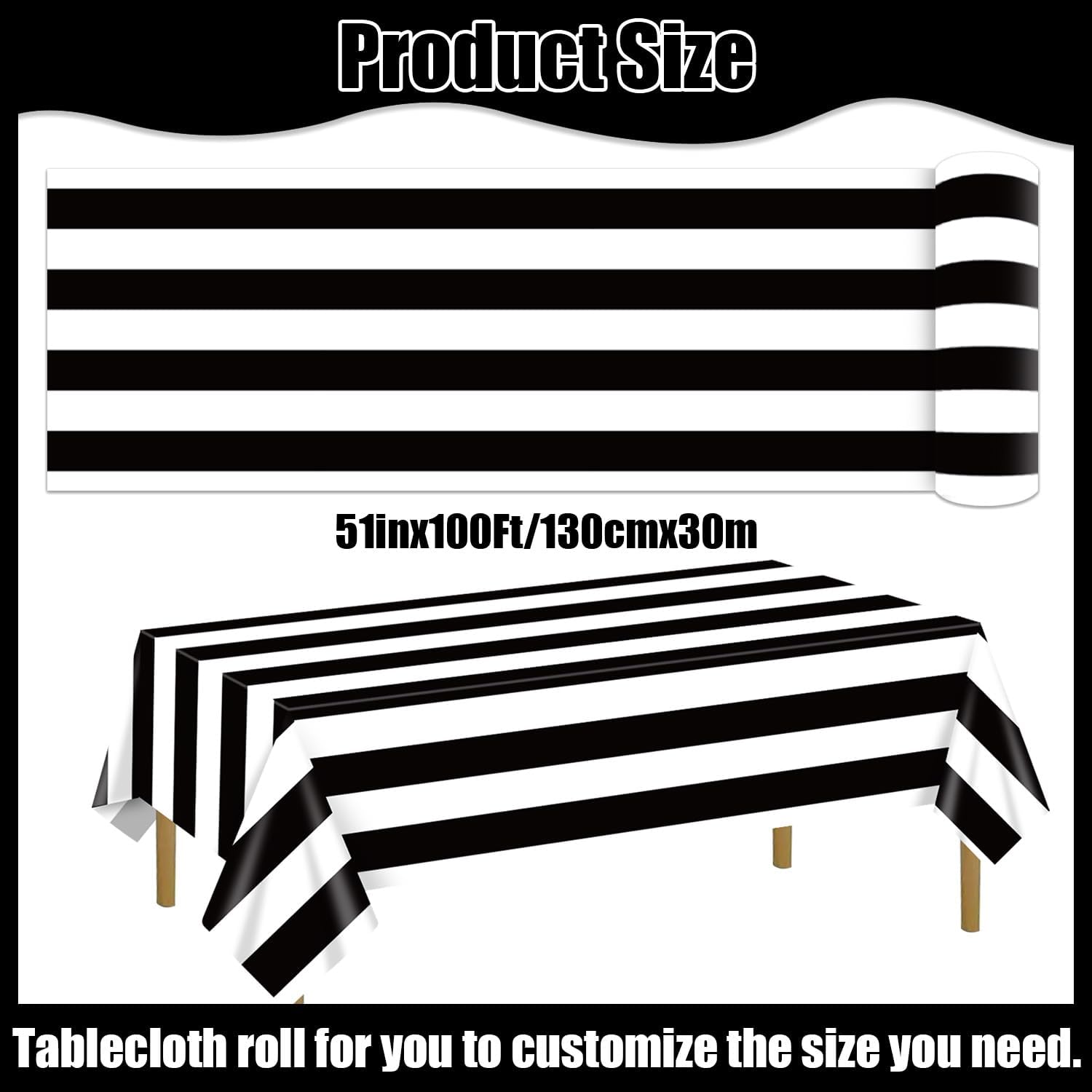 Black and White Striped Tablecloth Roll 51in X 100ft Black Horizontal Stripes Plastic Table Cover Table Decoration for Birthday, Baby Shower, Picnic, Halloween Backdrop