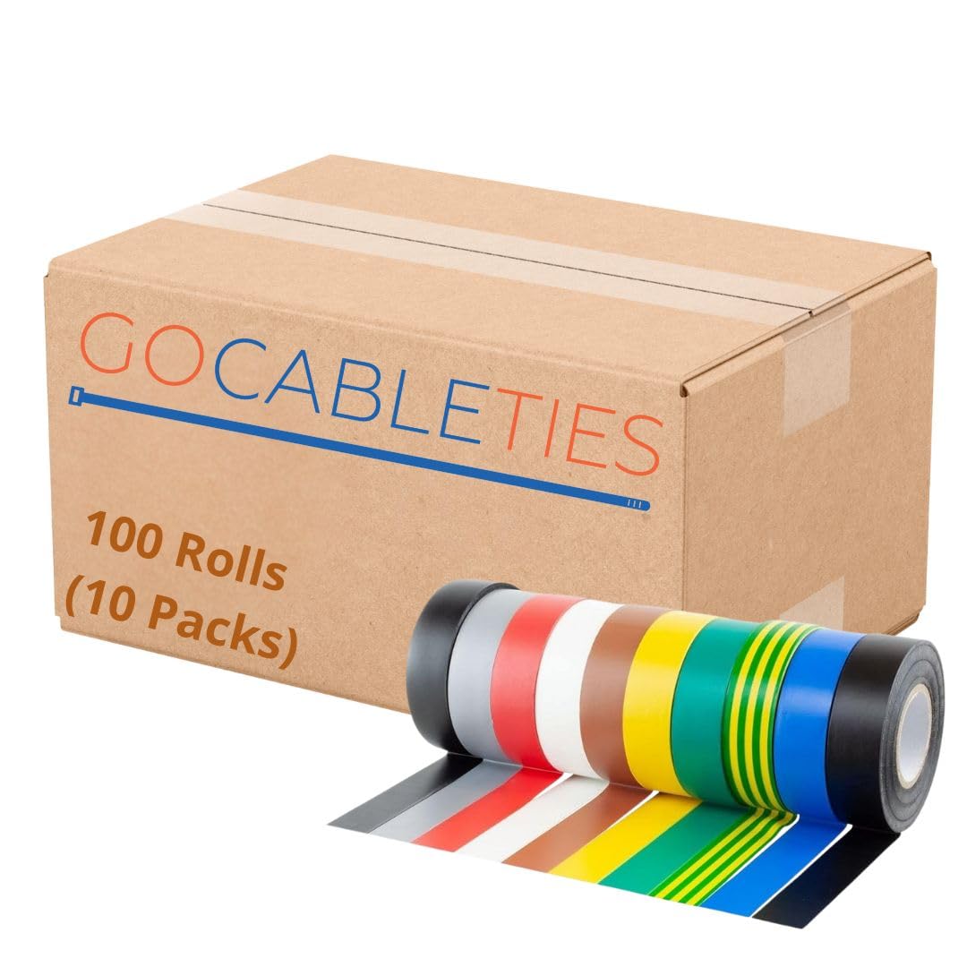 Gocableties 100 Rolls (10 Packs) Multi Pack of PVC Electrical Insulation Tape, 20m x 19mm, Premium Multi-colour Mixed