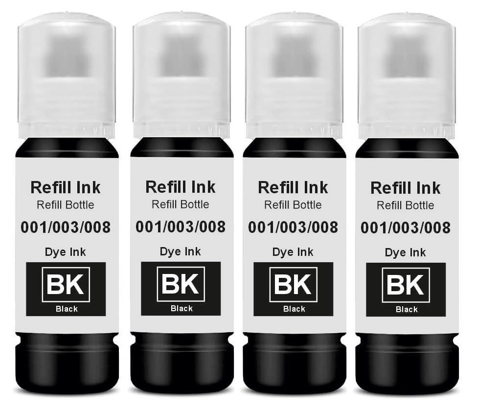 Image of ASV 003 Black Ink Refill - Pack of 4 | High-Yield Compatible Ink for Epson EcoTank L3110, L3150, L3250, L3252, L3115, L3116, L3101, L3210, L3215, Printers | Smudge-Free, Vivid Prints