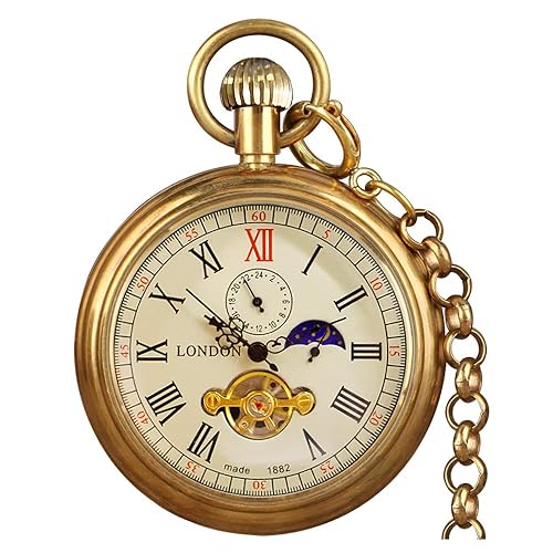 VIGOROSO Men's Vintage Full Copper Hand-Wind Mechanical Second&24hours Sub-dials Pocket