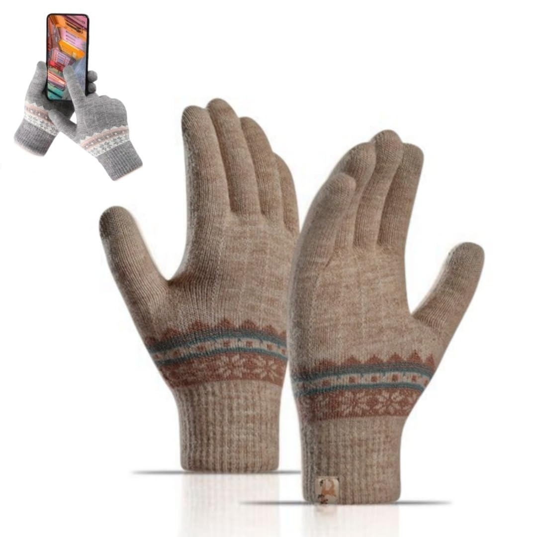 REFFER Women Wool gloves cute Snowflake Pattern Knitted (warm fur inside) stretchy windproof touchscreen finger winter gloves for women girls (Brown)