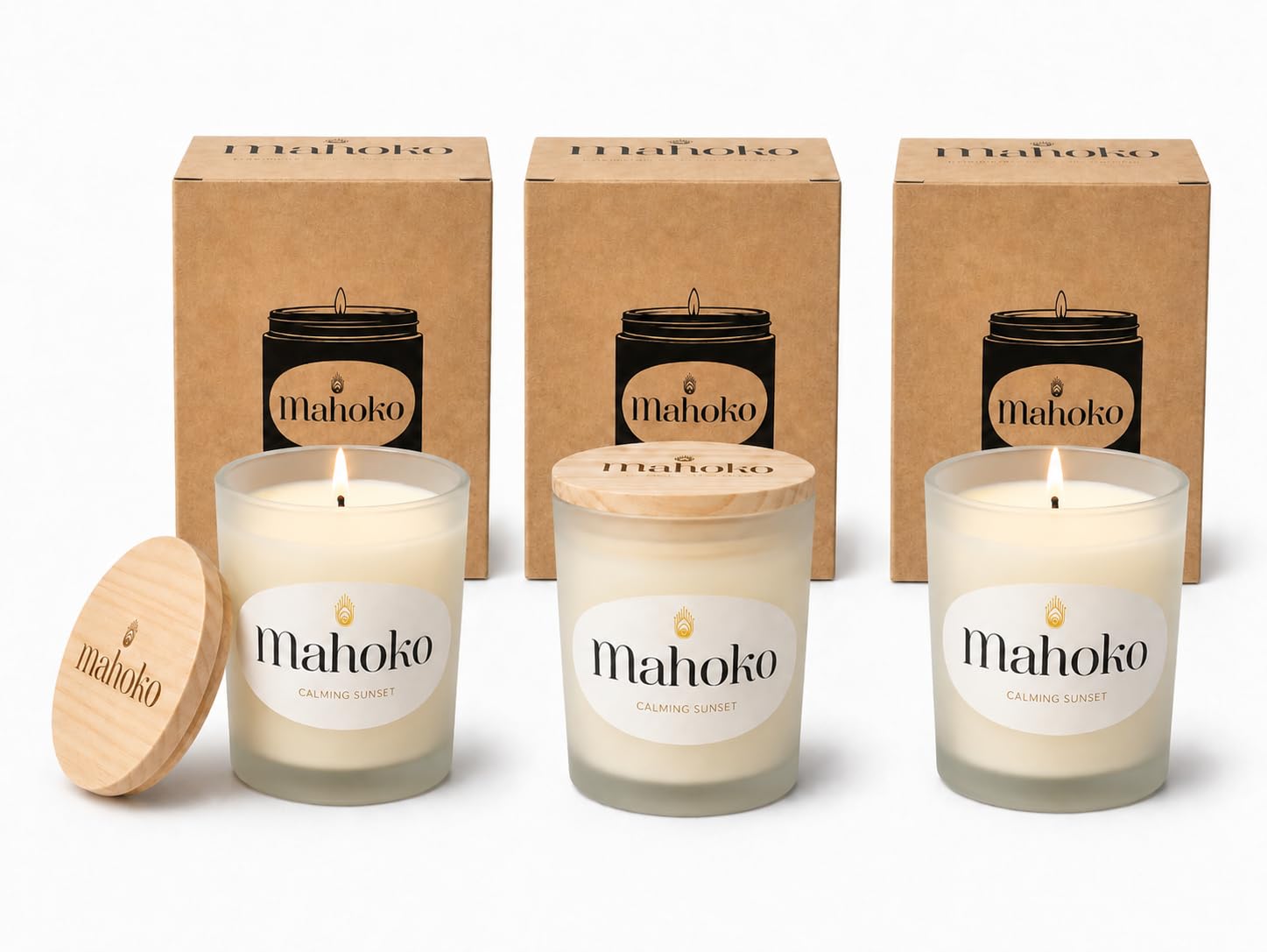 Duftkerzen im Set - Duftkerzen im Glas mit Holzdeckel - 100% Sojawachs - 45h Brenndauer - Duftkerze als Geschenk für Frauen (3, Weiß, Calming Sunset)