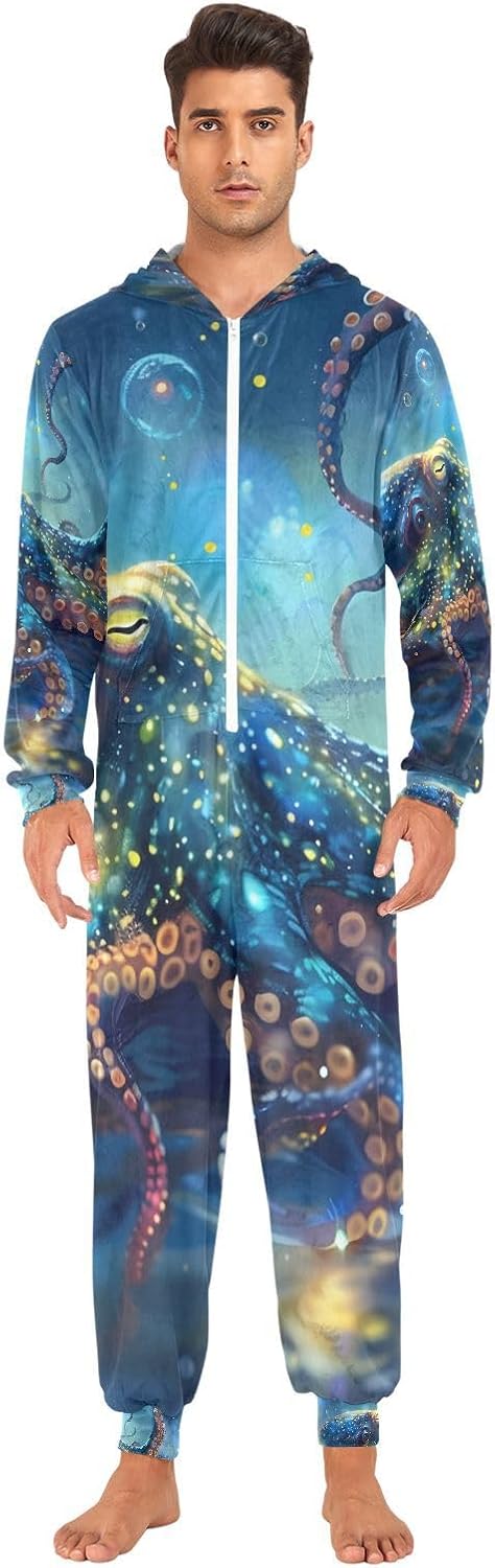 Octopusfish Blue Adult Onesie Pajamas for Unisex Novelty One Piece Costume Sleepwear