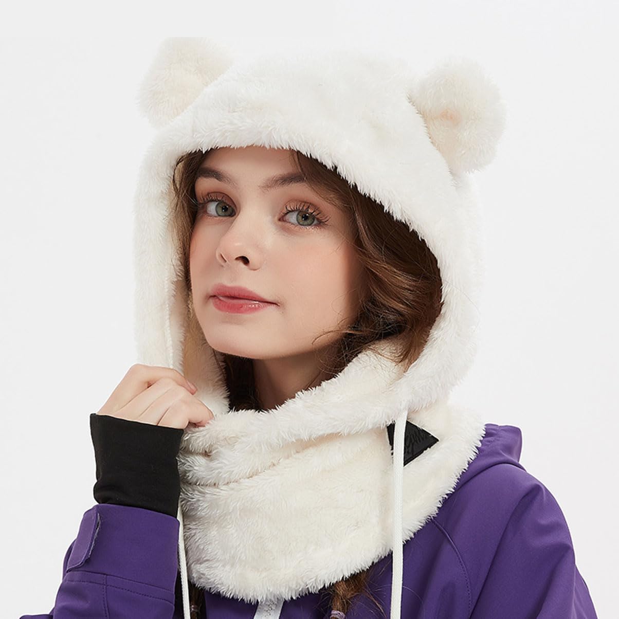 Winter Skiing Warm Helmet Covers for Adults and Kids, Cute Bear Ears Plush Windproof Outdoor Sports Face Cover