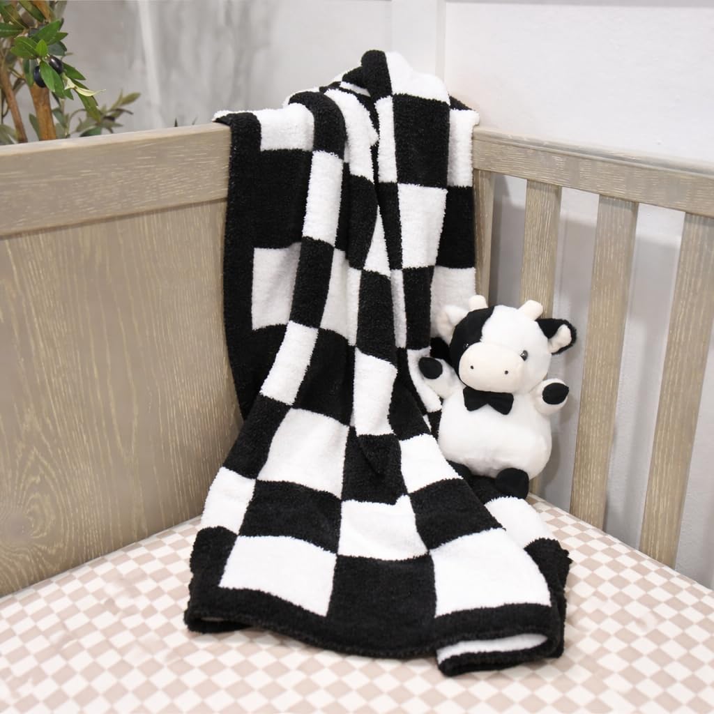 Manta de bebé a cuadros de 28 x 40 pulgadas con parche de cuero, manta de punto suave para cuna o cochecito, manta de recepción/regalo esencial para niños pequeños, bebés o niños (negro/blanco)