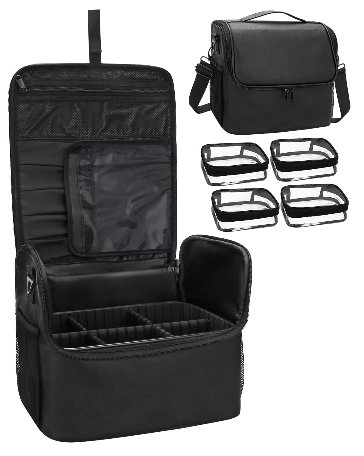 TANTO Makeup Train Case, Large Makeup Bag, Travel Makeup Organizer, Professional Cosmetic Case, Black Leather PU, Adjustable Dividers, Dustproof Design, Waterproof Material, 11.8x9.8x7.8 inches