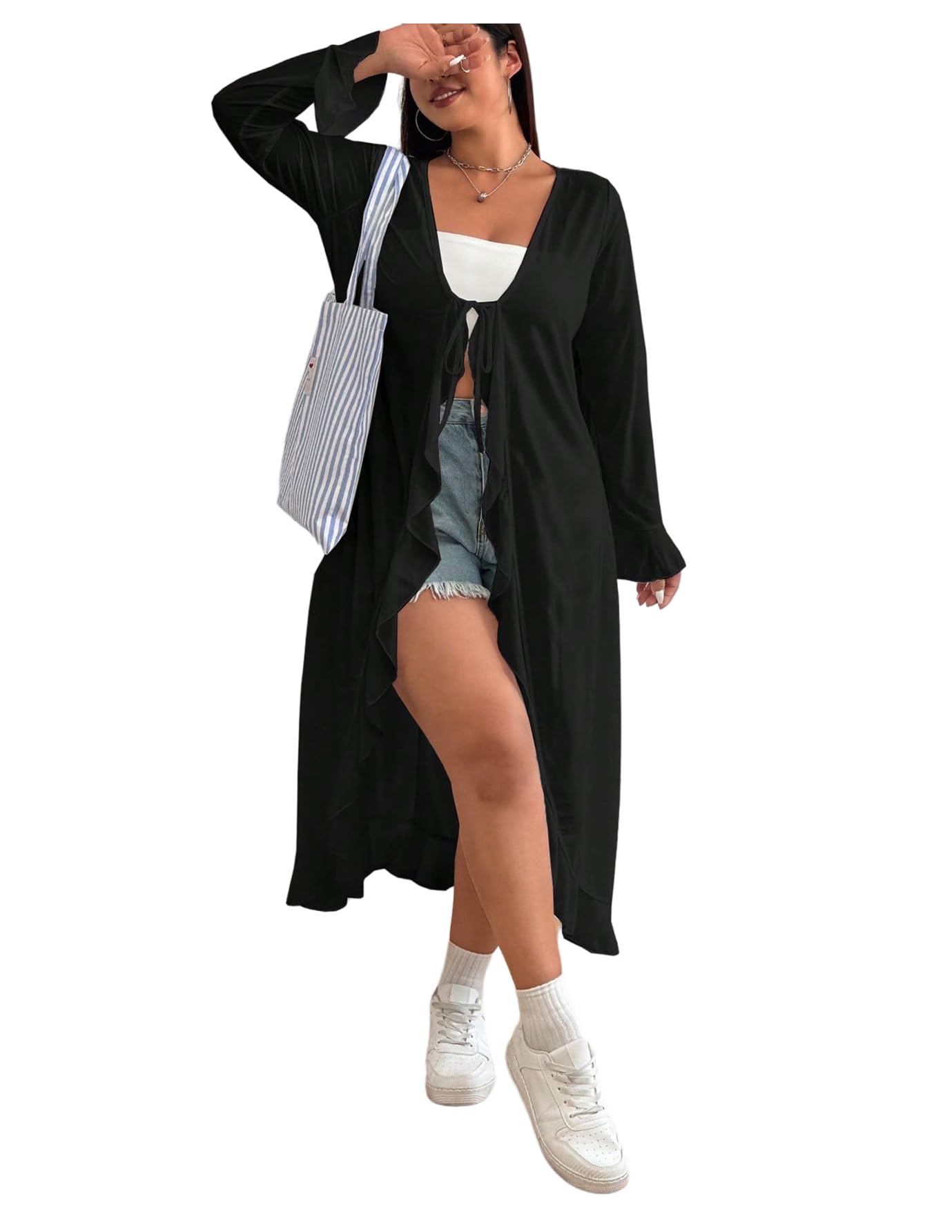 SOLY HUX Womens Plus Size Ruffle Long Cardigan Tie Front Deep V Neck Bell Sleeve Casual Lightweight Cardigans