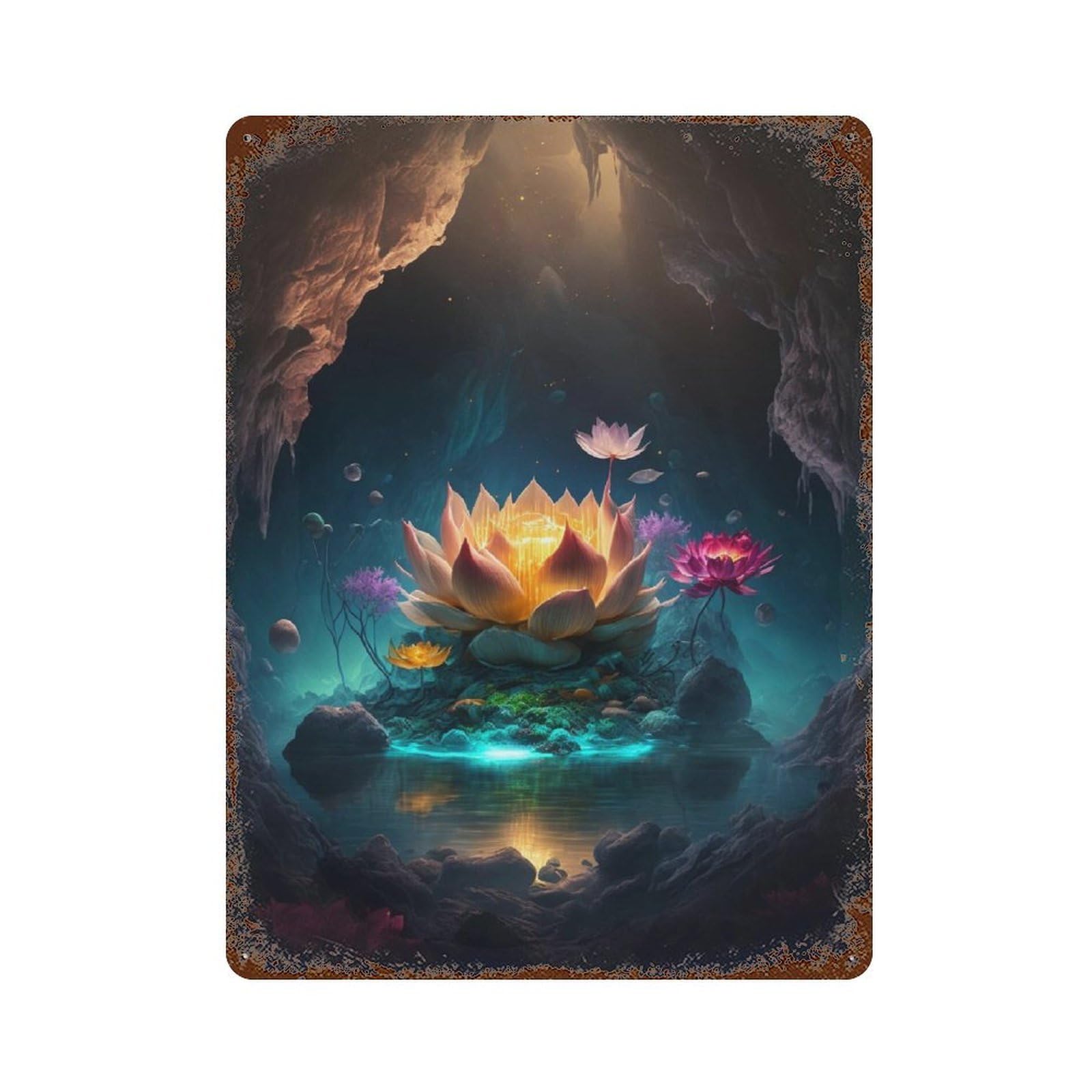 Enchanted Lotus Cave 15.7"x11.8" Aged Metal Wall Plaque, Classic Wall Plaque for Basement, Hobby Room And Garage Decor