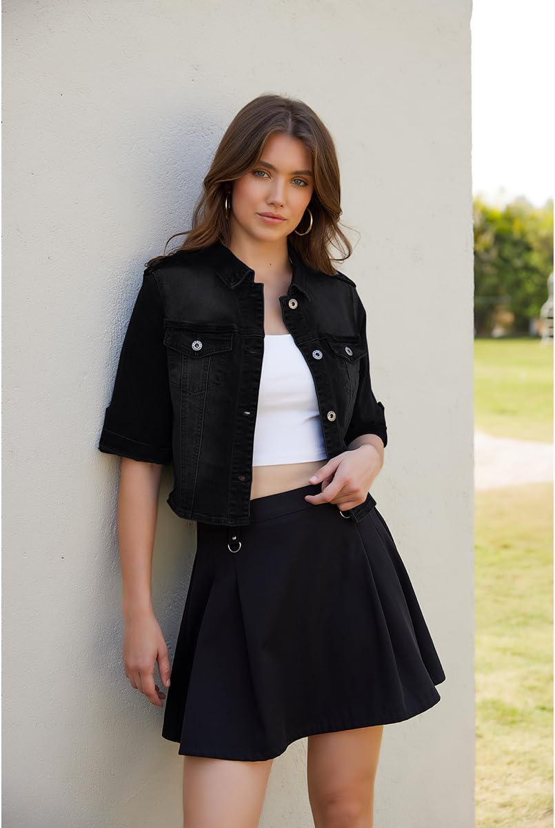 J.Corrine Women's Short Sleeve Stretch Denim Jacket Retro Casual Button Down Cropped Trucker Jean Jackets - Image 3