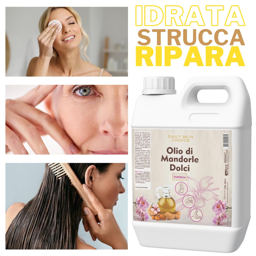 Olio di Mandorle Dolci al Profumo di vaniglia 5 L – Olio Corpo Emolliente e Nutriente per Massaggi, Post-Doccia e Post-Ceretta – Formato Professionale