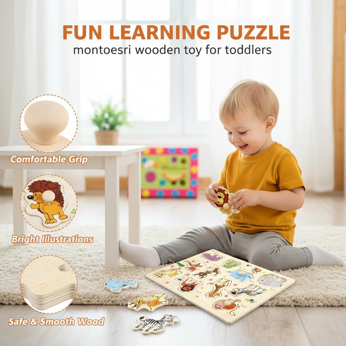 Puzzle en Bois Jouet Éducatif Animaux de la Jungle pour Enfants 1-3 Ans