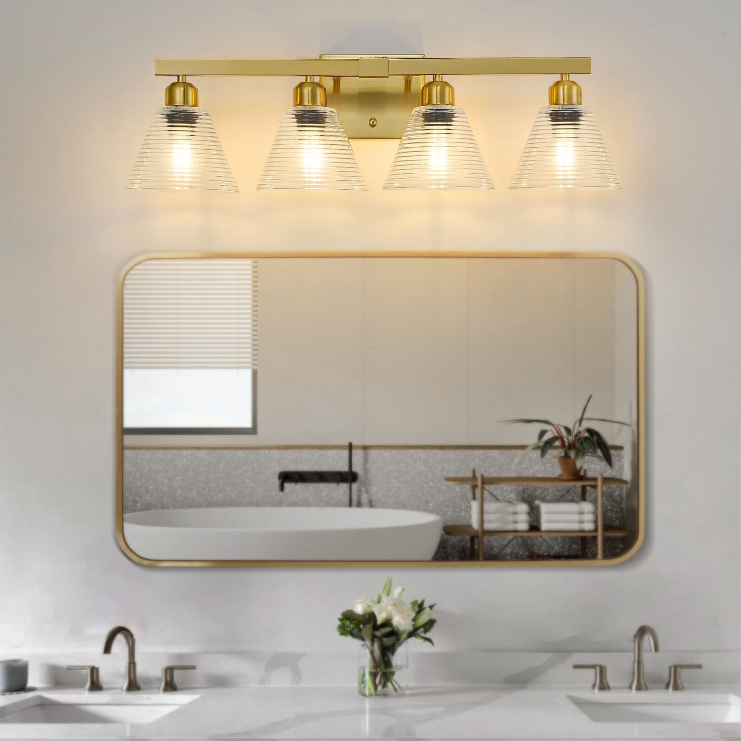 4-Light Modern Bathroom Light Fixtures, Gold Bathroom Vanity Lights with Clear Glass Shade, Farmhouse Wall Sconces for Mirror Kitchen Bedroom Living Room