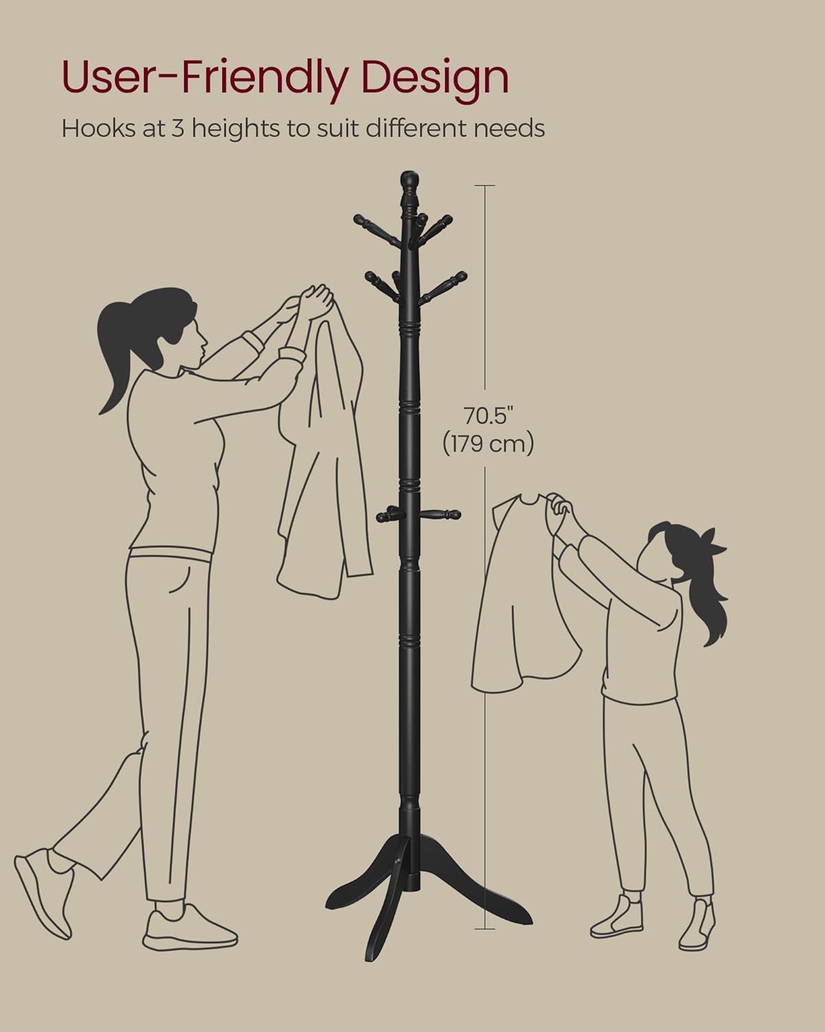 VASAGLE Solid Wood Coat Rack and Stand, Free Standing Hall Coat Tree with 10 Hooks for Hats, Bags, Purses, for Entryway, Hallway, Rubberwood, Ink Black URCR003B01