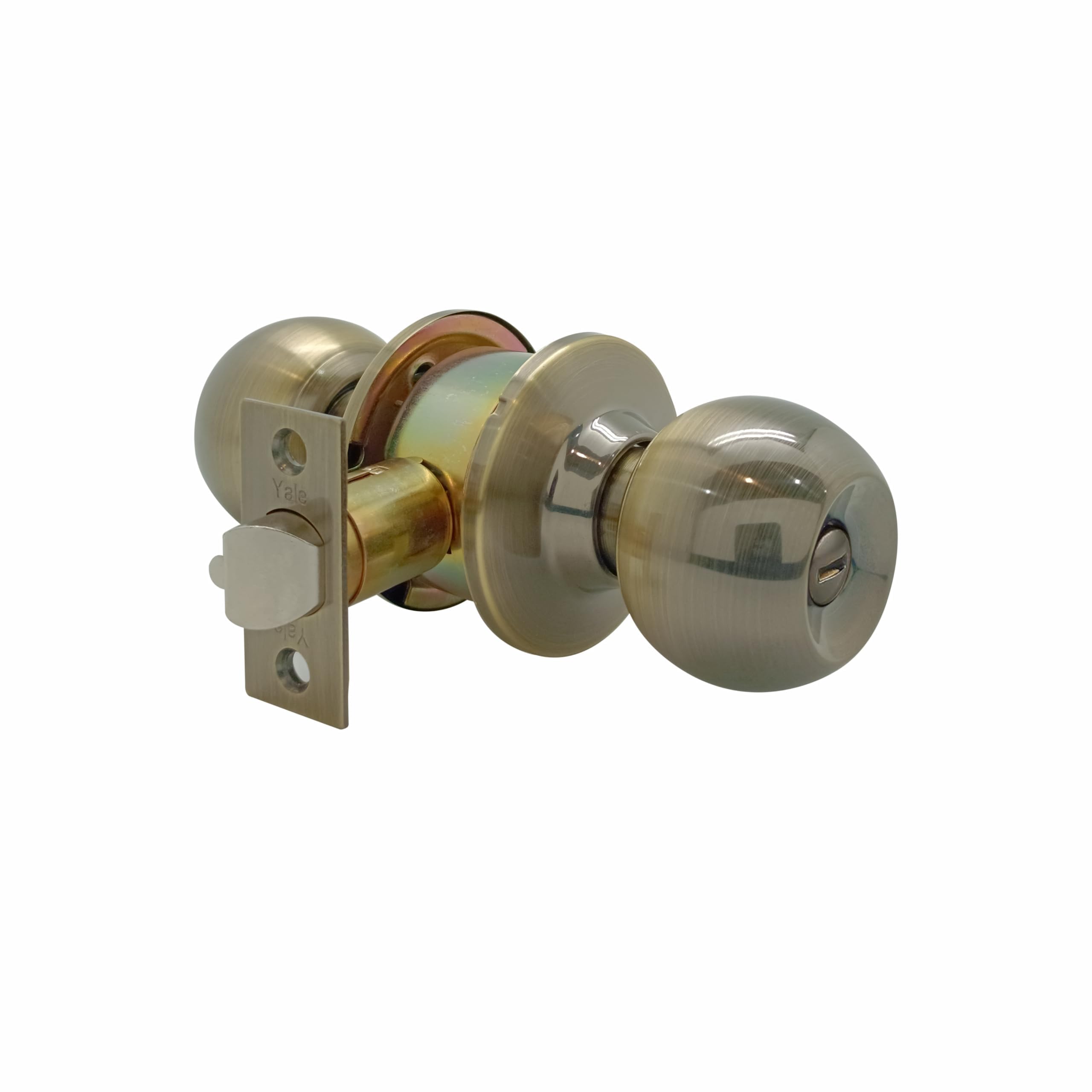 Yale CA5122 Antique Brass Bathroom Knobset - Classic Keyless Cylindrical Lock -Antique Brass Pin Latch Tubular Door Knob Lock - (Bathroom Lock Without Key)