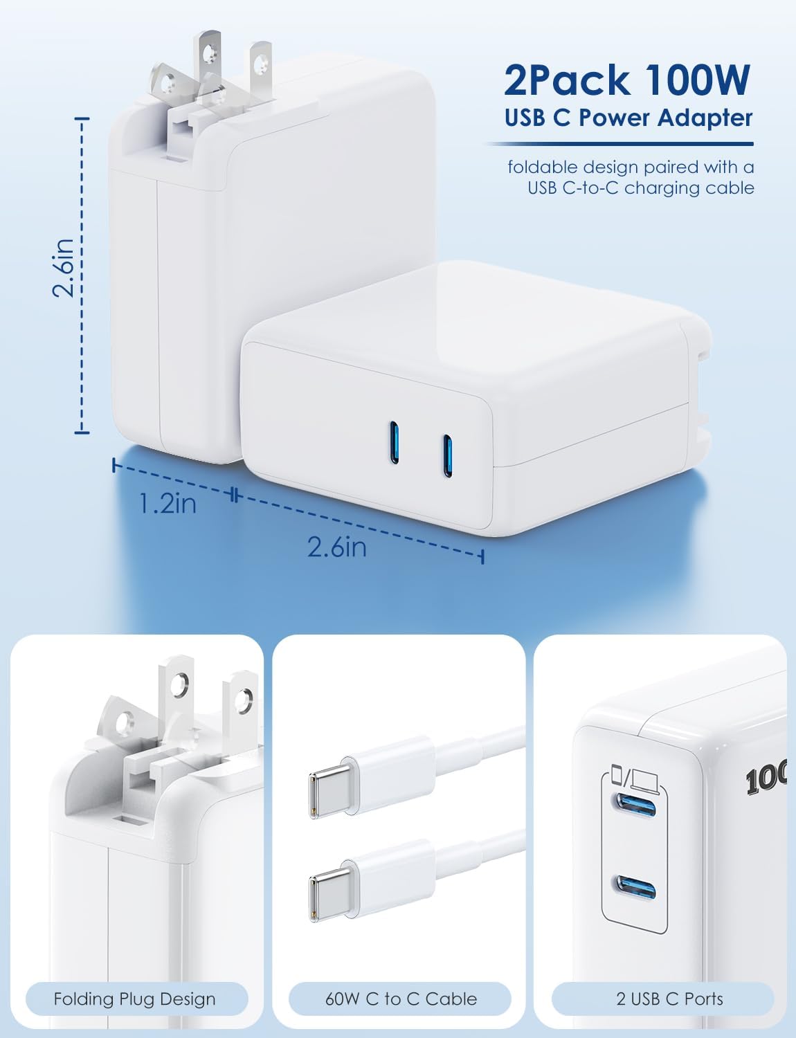 Essri MacBook Pro Charger,75W USB C Charger 2Pack with Foldable Plug,Dual 75W Ports Fast Charging for MacBook Pro Air,iPad Pro,iPhone 17/16/15,Includes 6FT+10FT USB C to C Cables - White