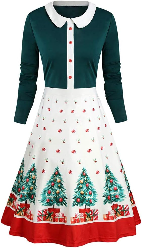 Anglewolf Merry Christmas！！！ Xmas Women Dresses Winter,Casual Girl Dress Up Costume Long Sleeve Knee Length Party Ladies Festival Dress Musical Notes Print Vintage Flare Dress