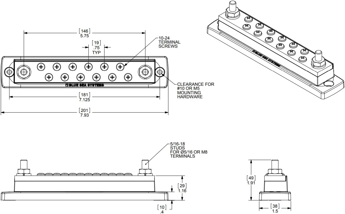 Blue Sea Systems 2105 250 Amp MaxiBus BusBar with 12 screws
