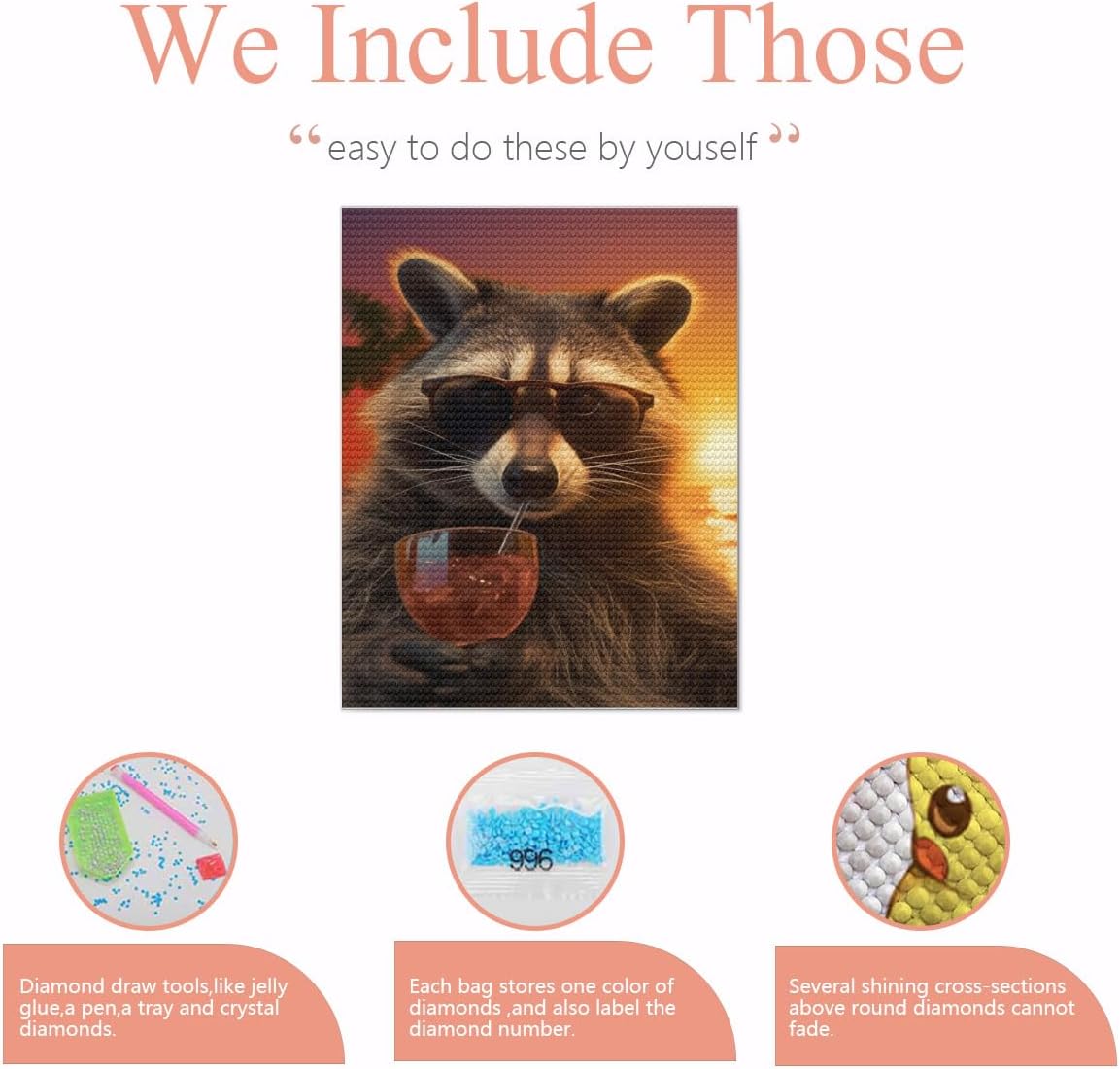 DIY 3D Diamond Painting Drawing Pictures by Number Kits Raccoon Having Cocktail Cross Stitch Crystal Rhinestone Embroidery Paintings Pictures Arts Craft for Home Wall Decor