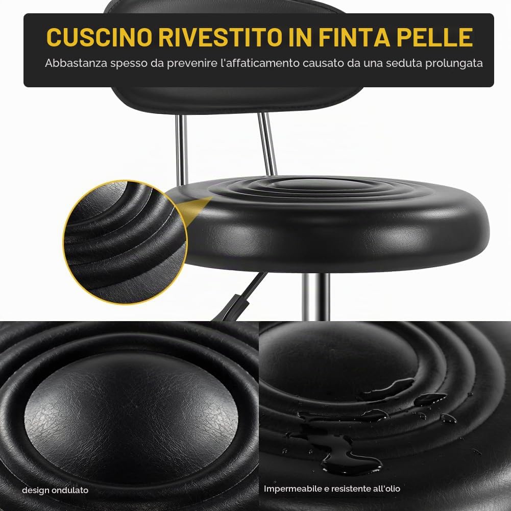 Sgabello girevole con ruote, sgabello girevole con schienale regolabile in altezza, in pelle PU, ideale per spa, saloni, casa, ufficio, lavoro di redazione (nero)