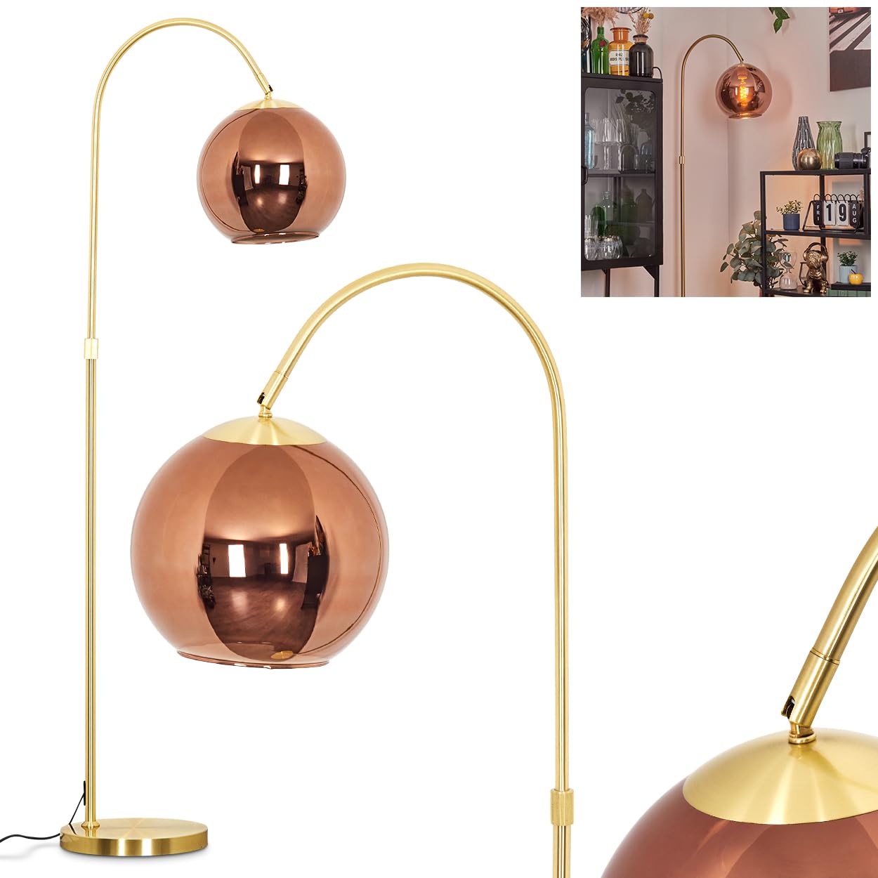Koyoto Floor lamp, Metal/Glass Floor lamp in Brass/Copper, Retro/Vintage/Industrial Design with Glass Shade (Ø 25 cm) and Foot Switch, Height 140 cm, 1 x E27, Without Bulb