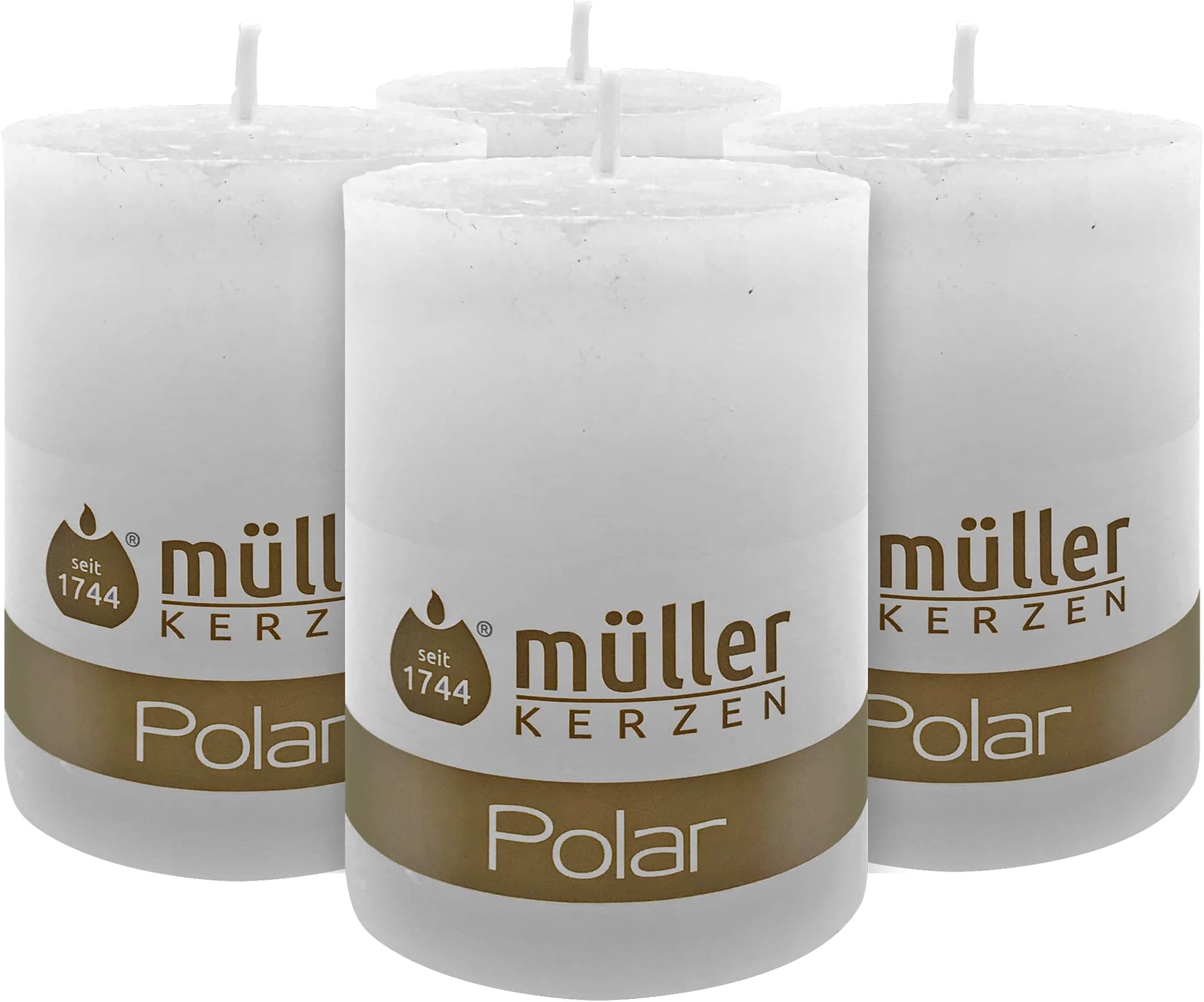 Müller Kerzen Polar Pillar Candles with Hoarfrost Effect, Set of 4 Rustic Candles, White, 68 x 100 mm, Long Burning Time 46 Hours, Fragrance-Free, RAL Quality, Drop-Free