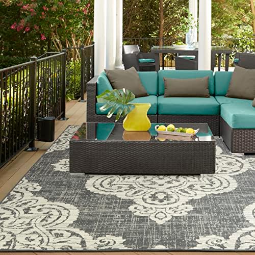 Oriental Weavers Marina Indoor/Outdoor Rug - 5929E - 6'7" x 9'6" - in Grey/Ivory - Vintage Bohemian Style, Water, Stain and Fade Resistant, Hose Clean, Patio, Outdoor Living Area Rug