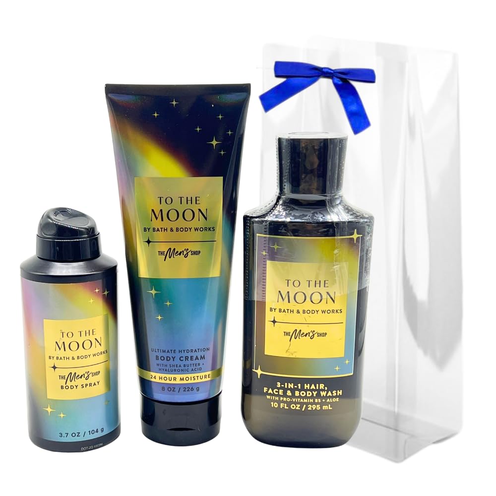Bath & Body Works TO THE MOON Men's Body Spray, Body Cream & 3-in-1 Hair, Face & Body Wash- 3pc bundle Gift Set with a Blue Bow for Holidays - Full Size