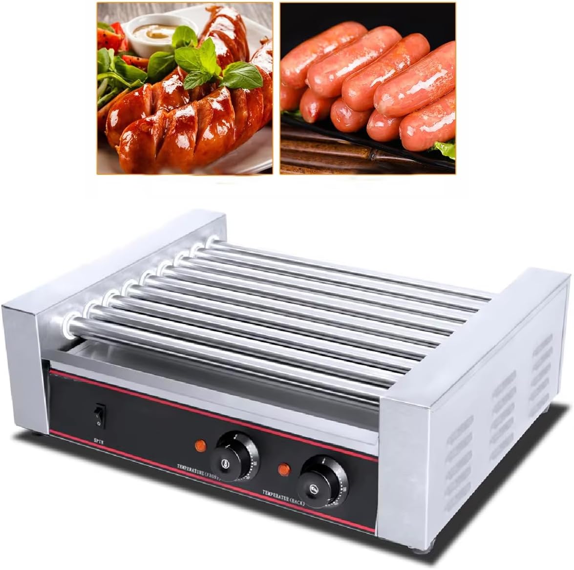 Hot Dog Roller machine, Electric Sausage Roller Grill with Dual Knob Temperature Control/LED Light, Commercial Grade Electric 24 Hot Dog 9 Roller Grill Cooker Machine, for Party, Restaurant, Food Truc