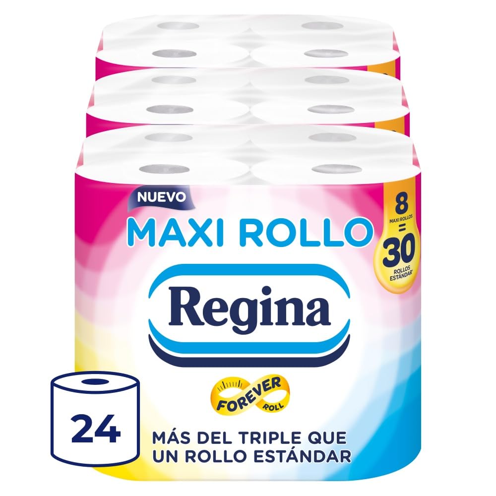 Regina Maxi Rotolo - 24 rotoli di carta igienica Maxi 500 fogli a 2 strati per rotolo, più di triplo di un rotolo standard, confezione in plastica riciclata al 60%, carta 100% certificata FSC®