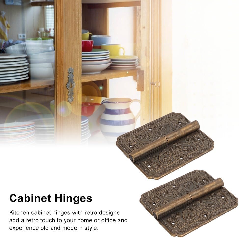 Decorative Antique Brass Hinges 2 Sets - Vintage Bronze Cupboard Door Butt Hinges for Furniture, Easy Installation with Engraved Patterns