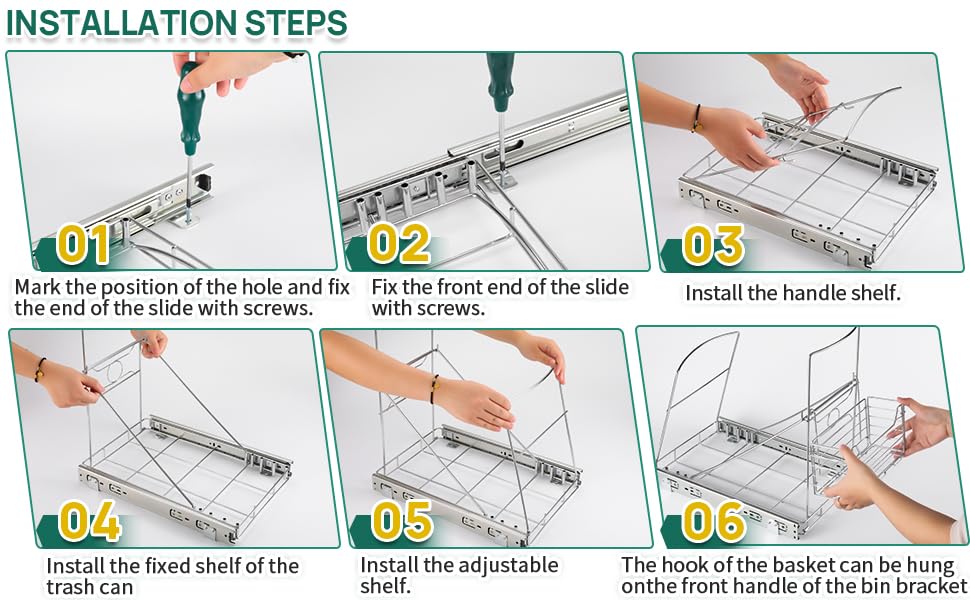 Miniatura 3 de SOCONT Bote de basura extraíble con barra de metal, estante de basura ajustable de acero inoxidable para cocina, kit de basura para gabinete, cubo