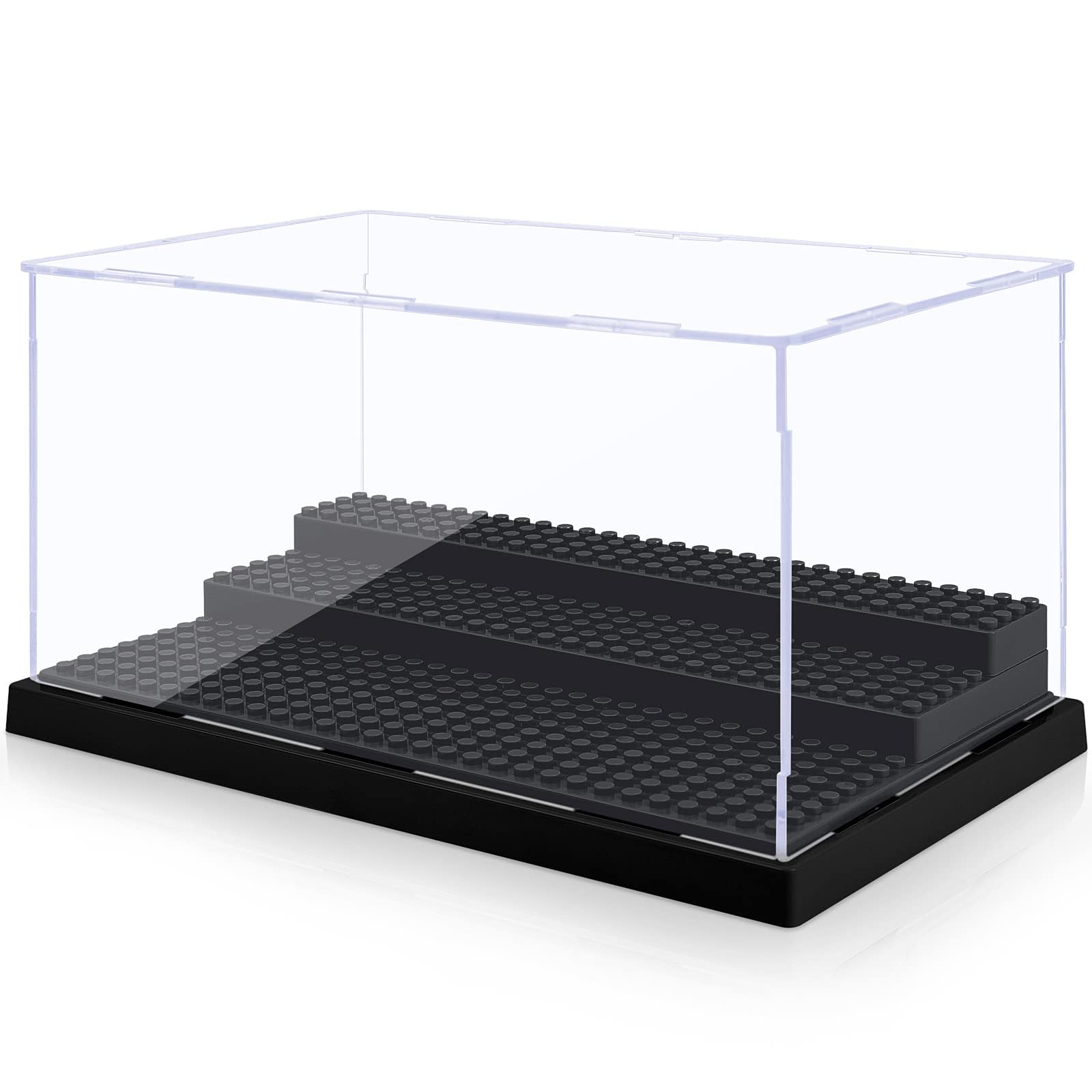 MlikeroMinifigure Display Case for Action Figures Blocks, Clear Dustproof Acrylic Display Box Storage with 3 Movable Steps Gifts for Children (Black)