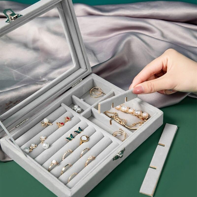 AKEEVA Acrylic Portable Transparant Jewelry Storage Box Organizer Holder Case With Lid Necklaces Bracelets Rings With Small And Big Grid - Gray Colour