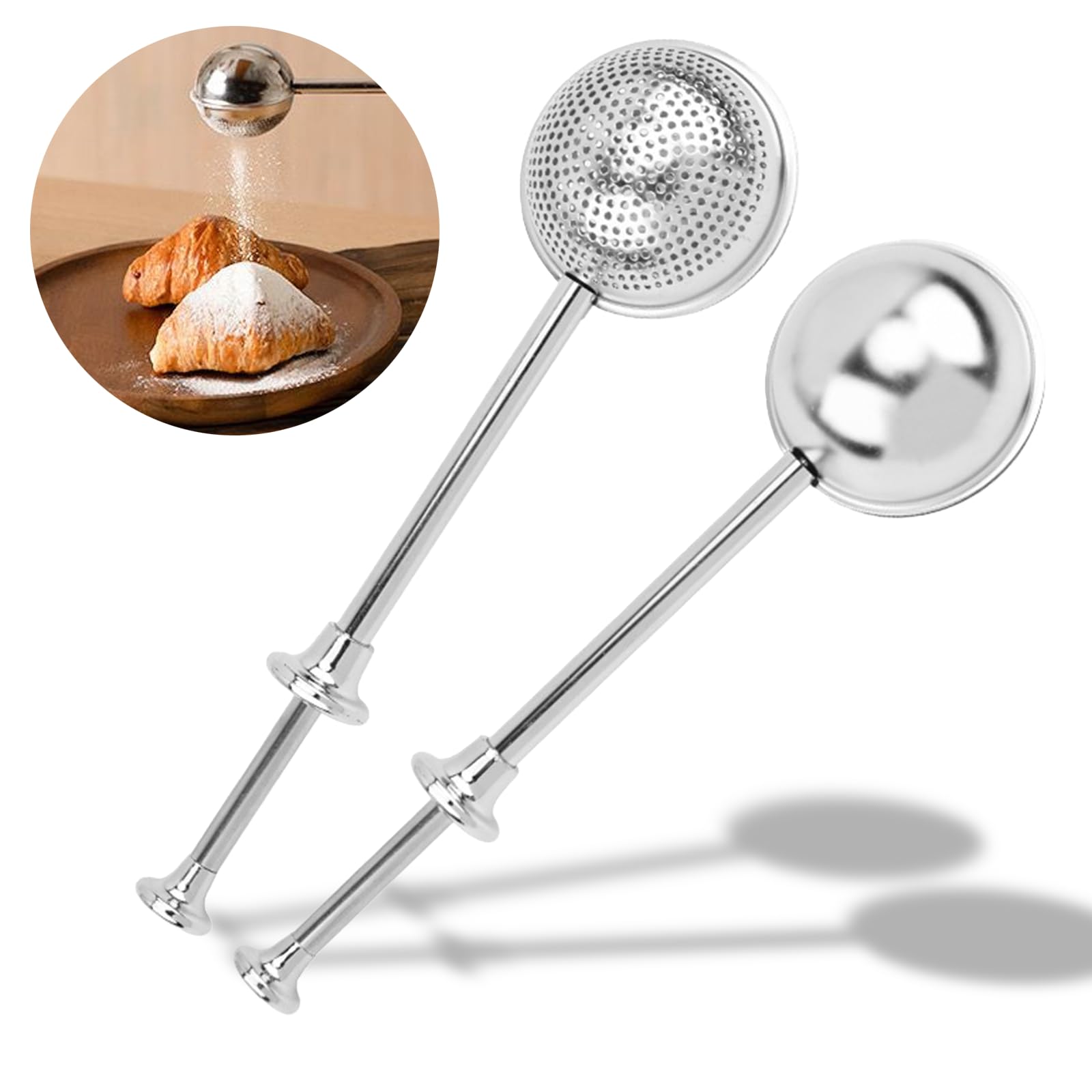 2 Pcs Stainless Steel Loose Leaf Tea Infuser with Retractable Long Handle, Sugar Flour Sifters Powdered Shaker, Dual Leak for Tea Leaf, Baking, and Cooking